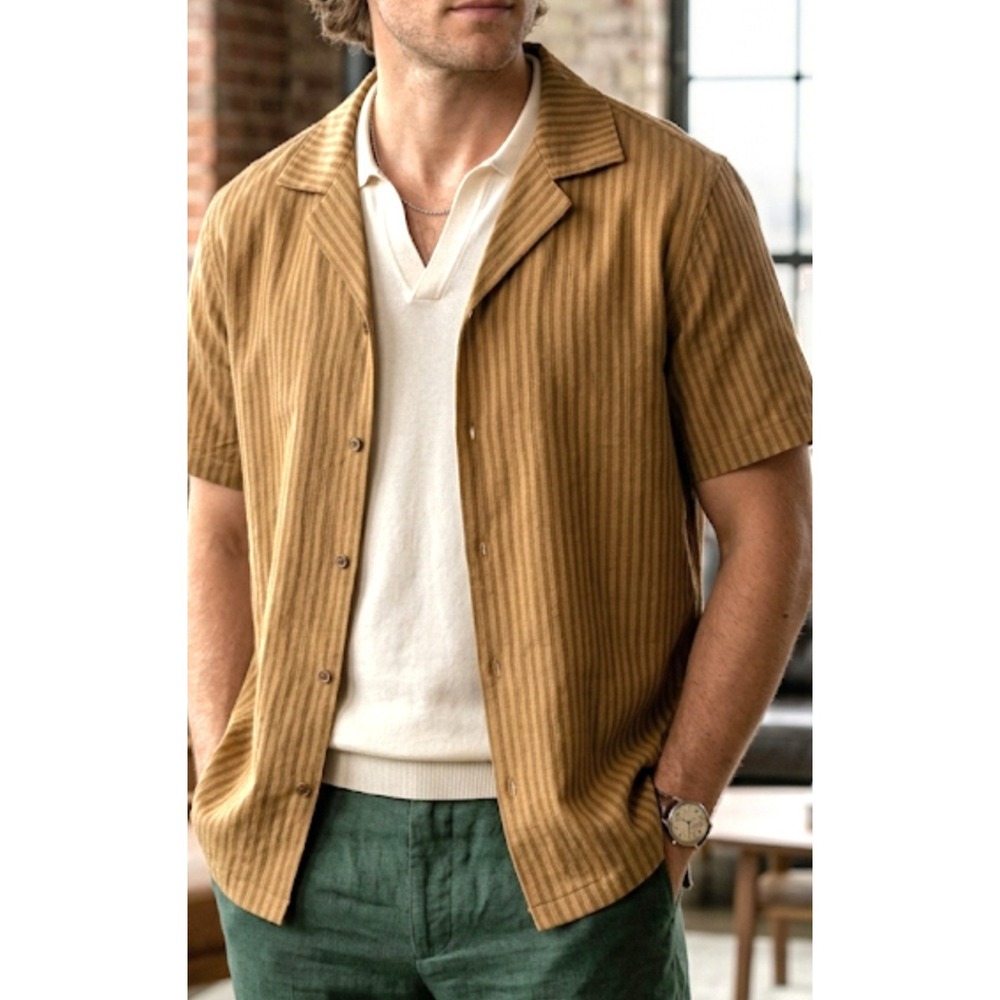 Windward Men Brown Striped Button Up Shirt Casual Pocket Collared Short Sleeve M